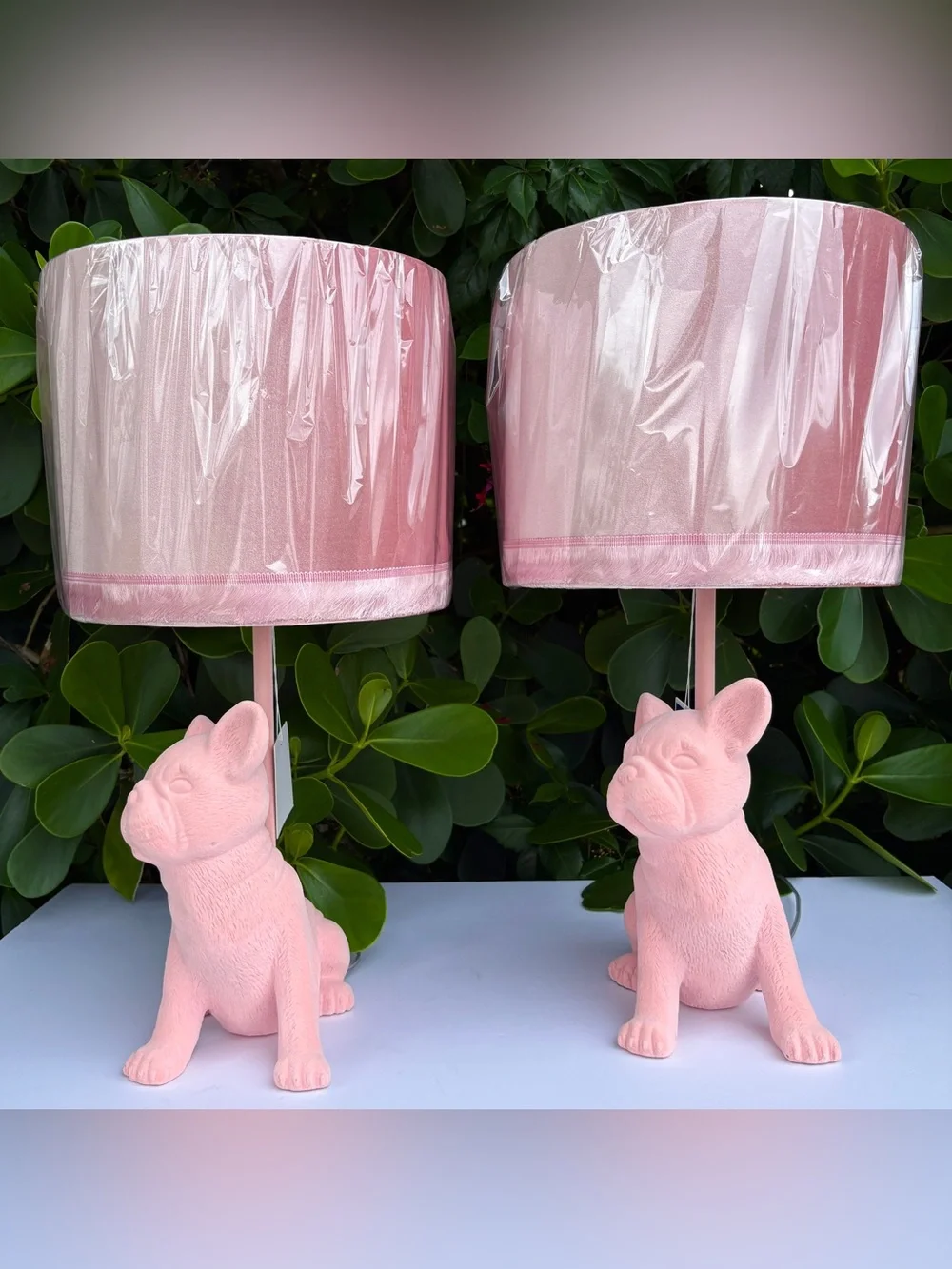 Pink Suede Frenchie French Bulldog Lamp Dog Puppy Velvet Fringe Shade (on right) - Picture 5 of 13